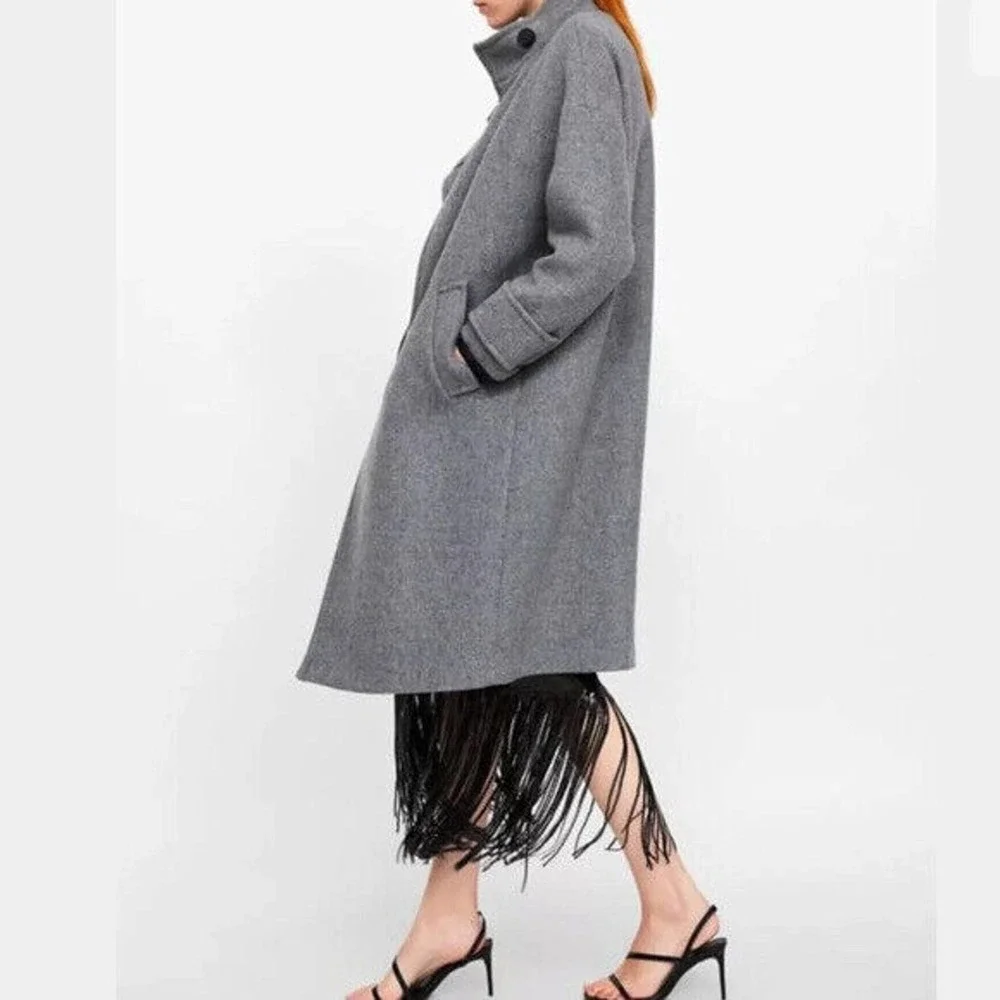 Zara Basic Asymmetric Button Coat Wool Blend Gray Women's Size XL - Picture 9 of 10